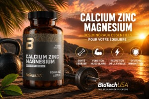 banniere des mineraux calcium zinc magnesium de qualite organique de biotechusa en 60tablettes